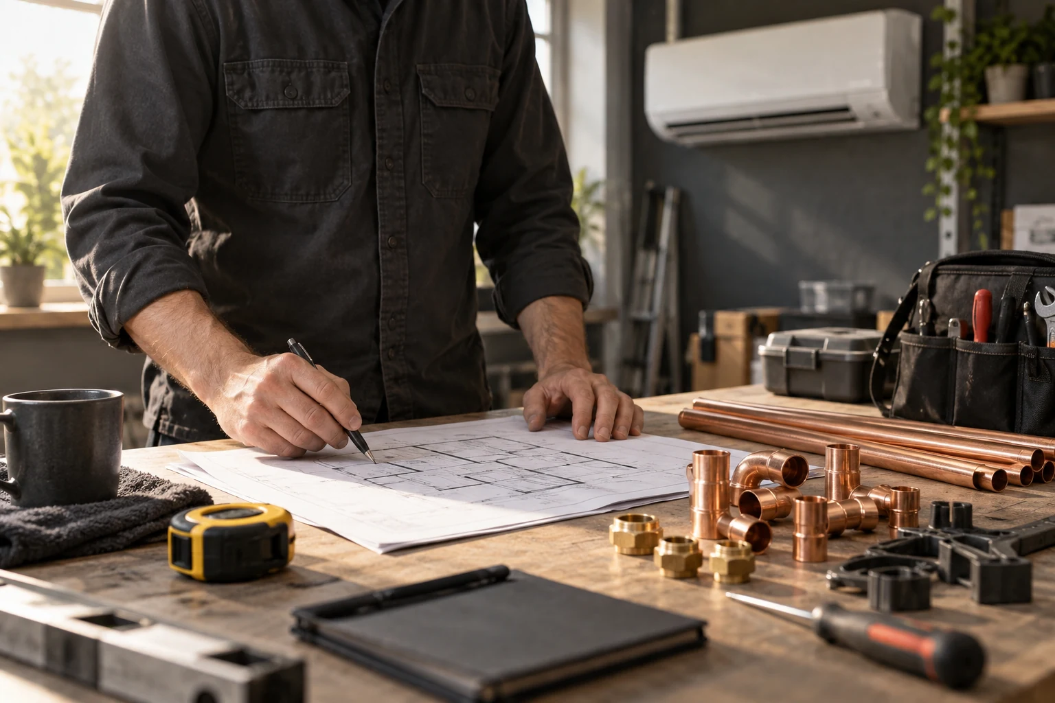 Illustrative scene of an air-conditioning engineer preparing installation plans and parts